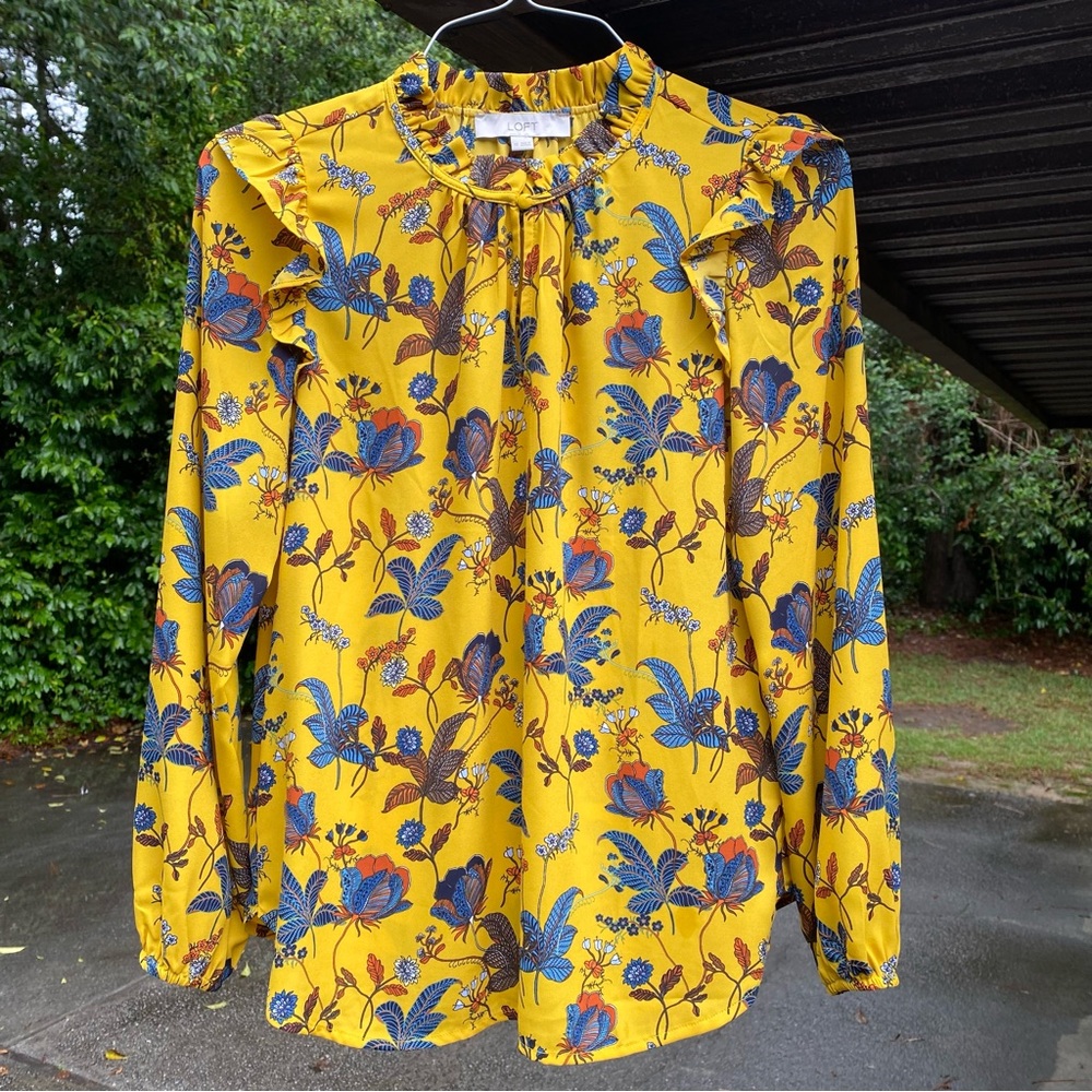 LOFT floral yellow blouse with ruffle trim